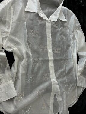 New Womens Sheer MiMiu Studded Rhinestone Button Down White Blouse Size Med